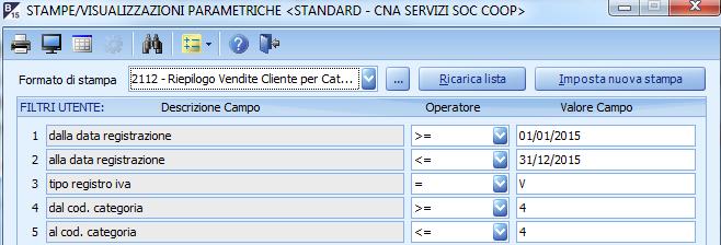 Parametriche/Query Posizionarsi nel campo Formato di stampa, premere sulla barra di scorrimento fino a selezionare la stampa 2112 Riepilogo vendite