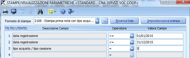 Stampa prima nota con tipo acquisto Per poter controllare il corretto inserimento delle cessioni e degli acquisti di beni strumentali, da indicare nei righi CD1 campo 5 e CD2 campo 5 della