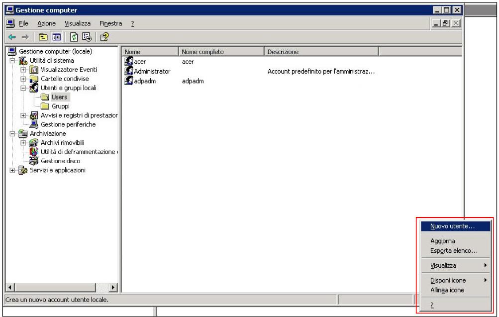 utenti e selezionando Nuovo utente.