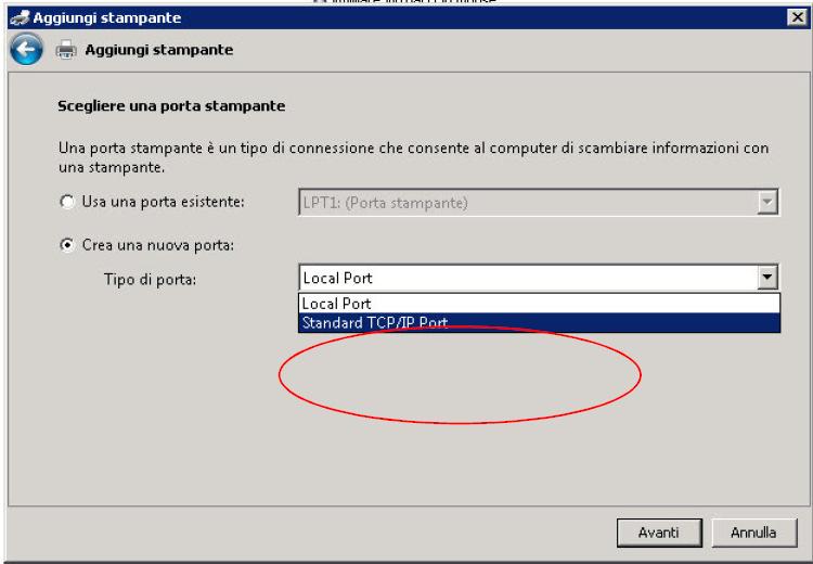 una nuova porta scegliendo Standard TCP/IP Port.