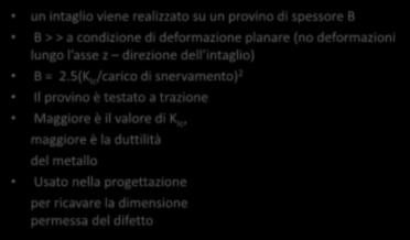 Misura della tenacità a frattura un intaglio viene realizzato su un provino di spessore B B > > a