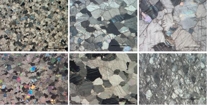 Figura 2: Immagini al microscopio ottico di alcuni dei marmi inclusi nel database. Dall alto e da sinistra: Fantiscritti (Carrara), Tinos, Thassos, Pentelico, Macael e Kavalà.