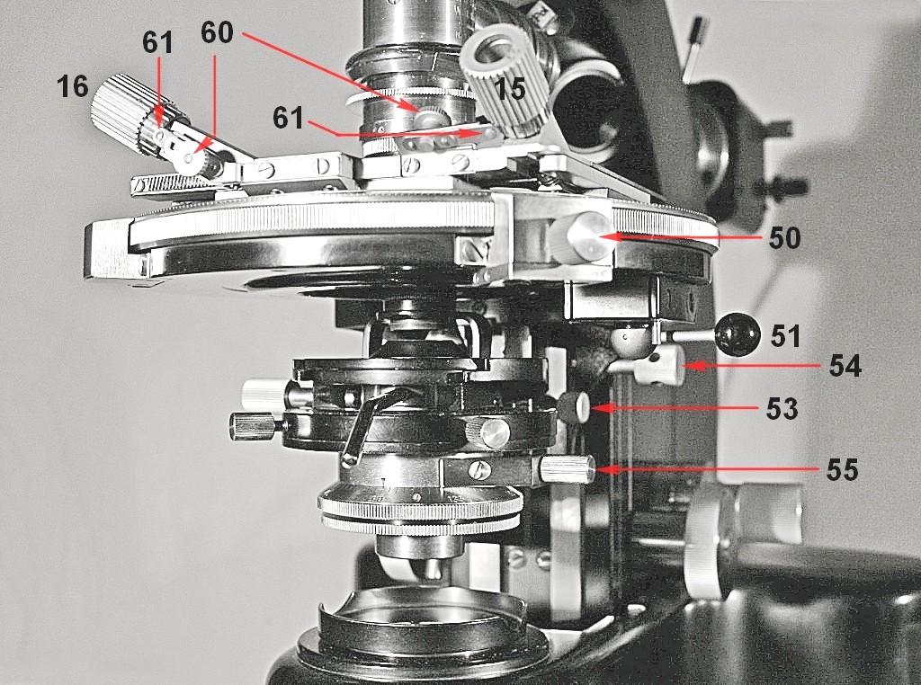 leva 51 verso l osservatore. 52 = leva di sblocco dell obbiettivo Ultropak: ruotare verso l osservatore ed estrarre verso destra. 53 = vite di blocco del porta-condensatore.