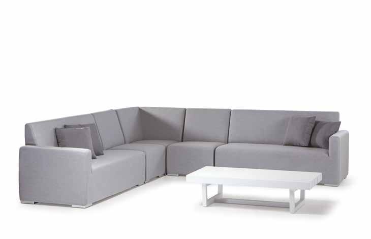 * Aluminium set, upholstered with fast dry foam and Sunbrella fabric, with one sofa, two armchairs and a table with a glass top. For an outdoor use.