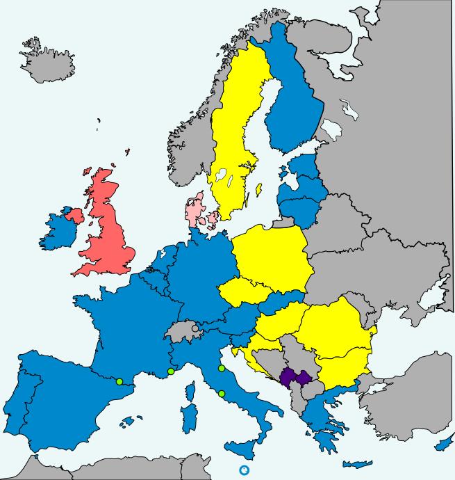L eurozona: In AZZURRO la Zona Euro con 19 Stati; in GIALLO e ROSA SCURO gli altri Paesi UE che non hanno adottato l'euro; in VIOLA i Paesi che hanno deciso un'adozione unilaterale