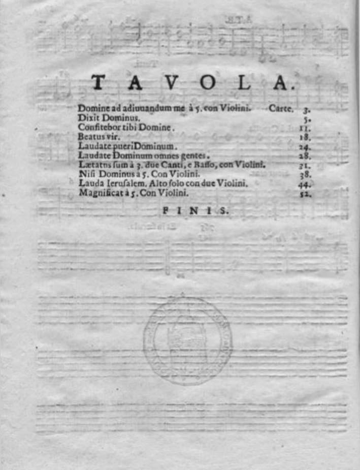introduzione ai salmi di cossoni 173 Tavola della parte d organo dei Salmi concertati a cinque voci e due violini,