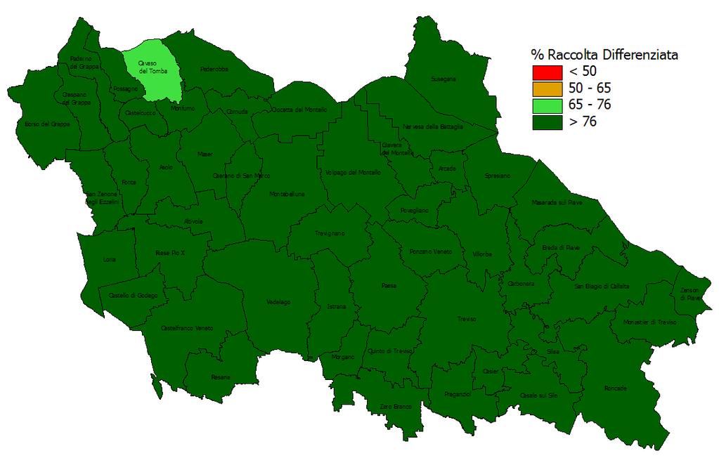 Destra Piave Distribuzione dei comuni in base agli obiettivi di raccolta differenziata