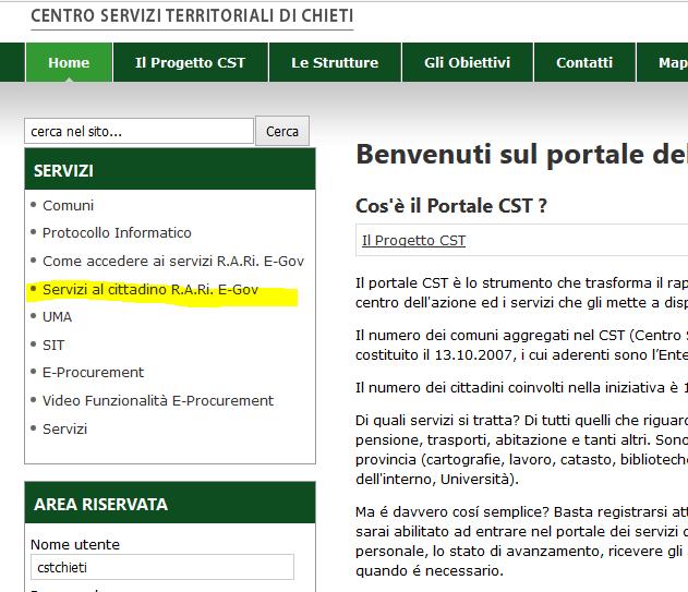 1 Richiesta Pubblicazione Matrimonio 1.1 Accesso tramite url http://cstchieti.comnet-ra.it/ Il cittadino tramite url http://cstchieti.comnet-ra.it/ accede al portale del CST/ALI Provincia di Chieti selezionando Servizi al cittadino R.