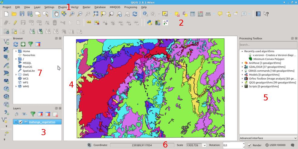 QGIS windows structure 1 Menu bar 2 Application bar 3 Table of contents (list of available layers) 4 Display 5