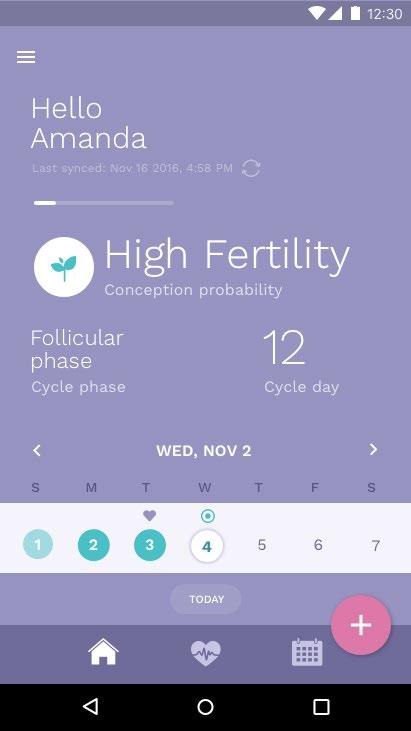 Utilizzo della app 9 Eventi Ovulazione prevista Rapporto registrato Gradazione Mestruazione Fertilità alta e massima Ciclo previsto Ciclo registrato Giorni di fertilità alta e massima previsti /