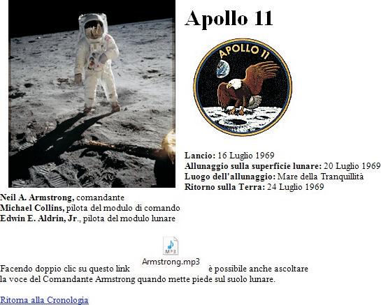 Si può inserire inoltre un documento audio Armstrong.mp3 contenente la voce del comandante Armstrong quando mette il piede sul suolo lunare. Link al documento precedente (Spazio.docx).