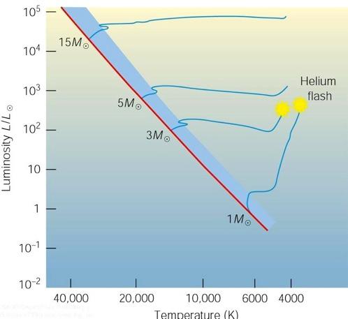 Il flash dell Elio Nelle stelle di massa simile a quella solare, una volta innescato il bruciamento di He, il calore si diffonde rapidamente per conduzione nel nucleo degenere e la fusione si innesca