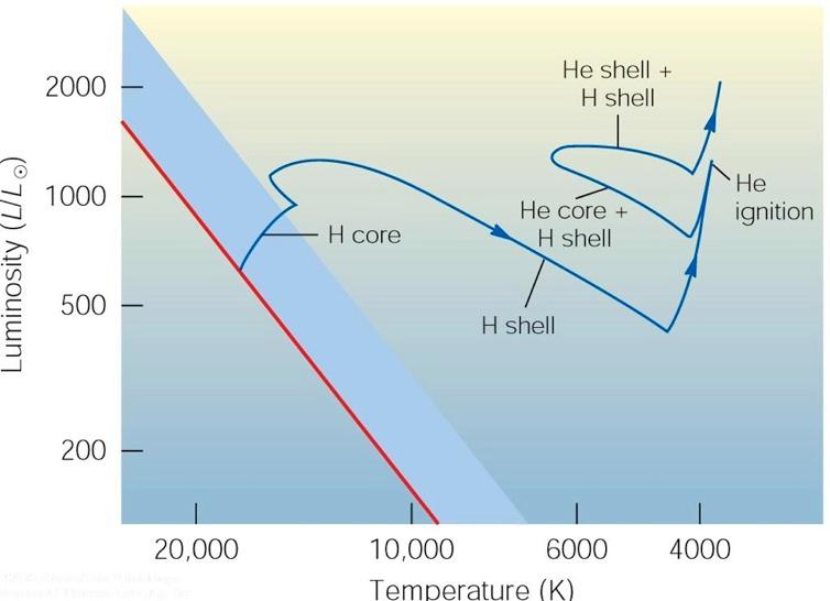 Evoluzione di gigante rossa (5M ) Strato He + strato H Nucleo H He inattivo