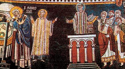 Sant Ambrogio (Cattedrale di Milano) La rappresentazione del volto si può confrontare con il mosaico della cattedrale di Sant Ambrogio a Milano, ove lo stesso lo ritroviamo nell immagine giovanile