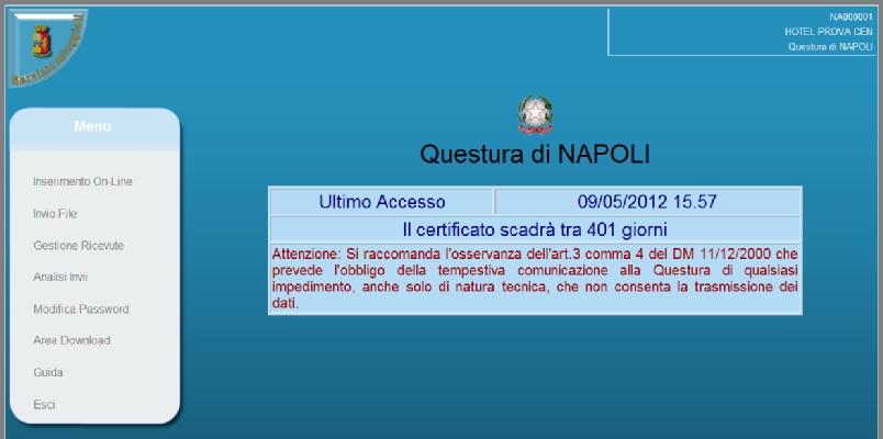 2. Pagina iniziale Fig.2.1: Pagina iniziale Una volta avuto accesso verrà presentata una maschera iniziale con le seguenti informazioni: In alto a destra nome utente denominazione