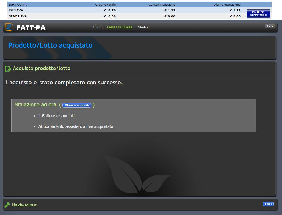FATTURAZIONE ELETTRONICA Acquisto prodoy/loy Verrà visualizzato il messaggio