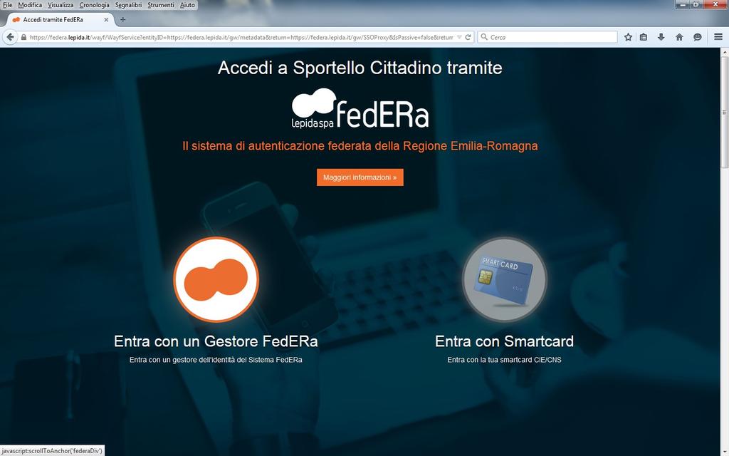 Cliccando su Accedi ai servizi si accede alla pagina federa; nella prima viene richiesto il Gestore, che in questo caso è Comune