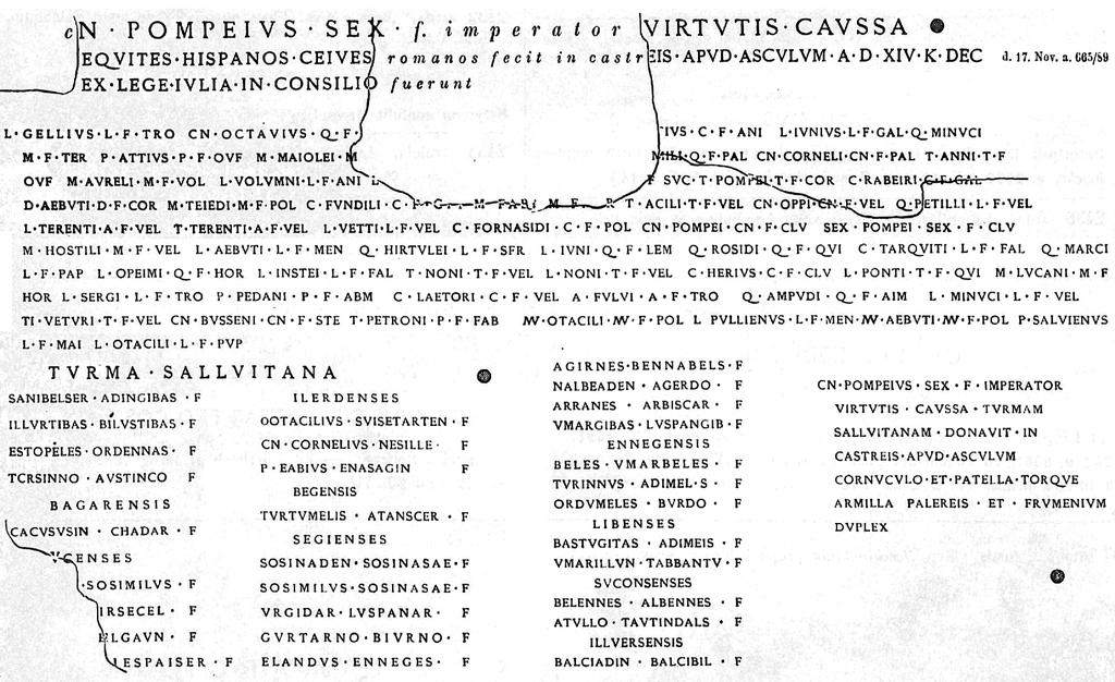 Il decreto di Cn. Pompeo Strabone (89 a.c.) (tavola bronzea iscritta rinvenuta a Roma) Il testo e la struttura del decreto: Cn. Pompeo Sex. f.