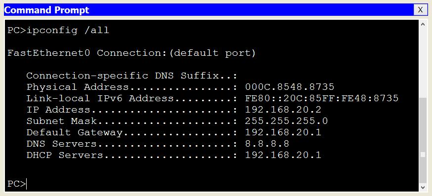 Analogamente, il primo computer che si collega alla VLAN 20 avrà la seguente configurazione dinamica: Configurazione dinamica di un computer della VLAN 20 Nota: se si volesse escludere un range di