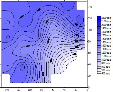 4 - Raccolta ed analisi di precedenti sperimentazioni Fig. 4.14 Risultati della seconda tomografia orizzontale eseguita prima (sopra) e dopo (sotto) l intervento di consolidamento (Biasiolo, 2001).