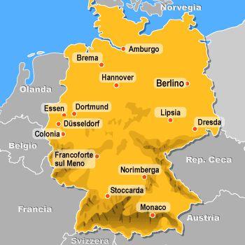 ASPETTI FISICI La Germania occupa la parte centrale del continente europeo. La sua superficie misura 350000 km ( è il sesto paese più grande d Europa).