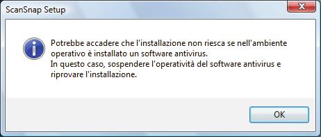 Installazione in Windows 6. Leggere il messaggio relativo al software antivirus e cliccare il tasto [OK]. asi visualizza la finestra di dialogo [Tipo di installazione]. 7. Cliccare il tasto [Avanti].