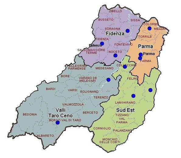 La mappa dei Servizi del DAI-SMDP Viene di seguito riportata la mappa dei Servizi del DAISM DP suddivisi per Aree disciplinari e distribuiti nei Distretti di Parma, Fidenza, Sud Est e Valli Taro e