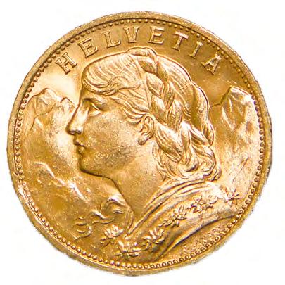 Sul rovescio del marengo d oro da 20 franchi sono raffigurati la croce svizzera, il valore nominale, l anno di conio e il segno di zecca «B» per Berna.