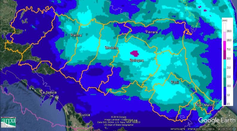 La cumulata di precipitazione stimata dal composito radar (Figura 9) mostra come la tutta Regione sia stata interessata dal fenomeno, in misura minore solo nella parte più occidentale.