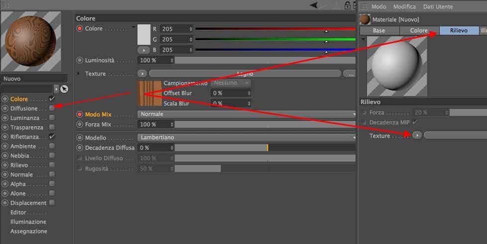 Dentro i materiali : i canali In Cinema 4D materiali e textures sono due entità completamente diverse. I materiali possono contenere al loro interno delle textures bitmap o degli shaders procedurali.