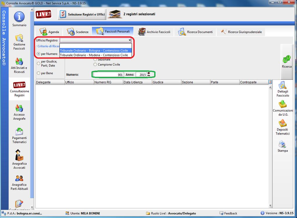 Selezionare L Ufficio/Registro dal menù a tendina e