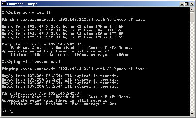 Comando PING Esempio 5 Walter Cerroni 19 Comando TRACEROUTE tracert DEST Permette di conoscere il percorso seguito dai pacchetti inviati da SORG e diretti verso DEST SORG DEST SORG invia a DEST una