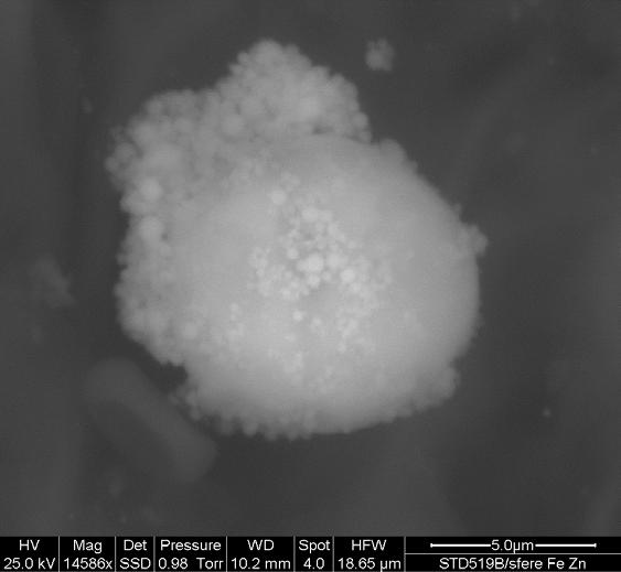 E-mail: info@nanodiagnostics.it Pag 5 di 9 Fig. 16a. Immagine ESEM ad alto ingrandimento di sferule da 0,1 a 0,8 micron di Ferro-Zinco, e una sferula da 8 micron di Ferro. Fig. 16b.