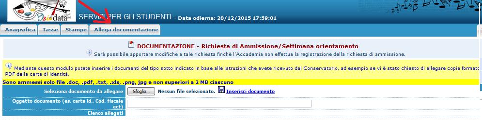 7. INSERIMENTO DEI DOCUMENTI NEL PROGRAMMA L Accademia richiede di allegare, oltre alle copie digitali delle attestazioni di versamento dei bollettini, anche altri documenti, già elencati nel primi