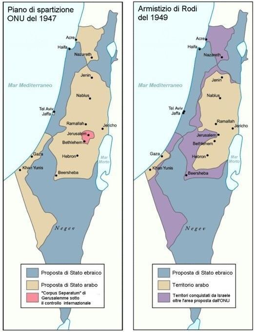 Conseguenze territoriali Nel 1949, Israele firmò armistizi separati con Egitto, Libano,Transgiordania e Siria I nuovi confini comprendevano il 78 % della Palestina.