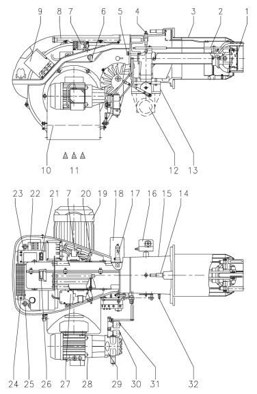 STRUTTURA RLS 68-12/M MX Legenda RLS 16/M MX 1 Disco di stabilità fiaa 2 Elettrodi di accensione 3 Testa di combustione 4 Presa di pressione gas e vite fissa testa 5 Viti per il fissaggio ventilatore