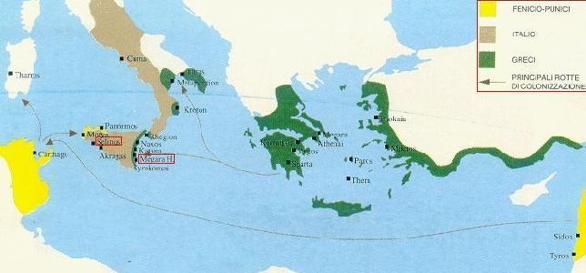 Mappa con le zone della migrazione greca e le principali rotte di colonizzazione, VIII e VII sec. a.c. Le colonie greche della Sicilia: Le prime colonie sorsero nella parte orientale dell isola: nel VIII sec.