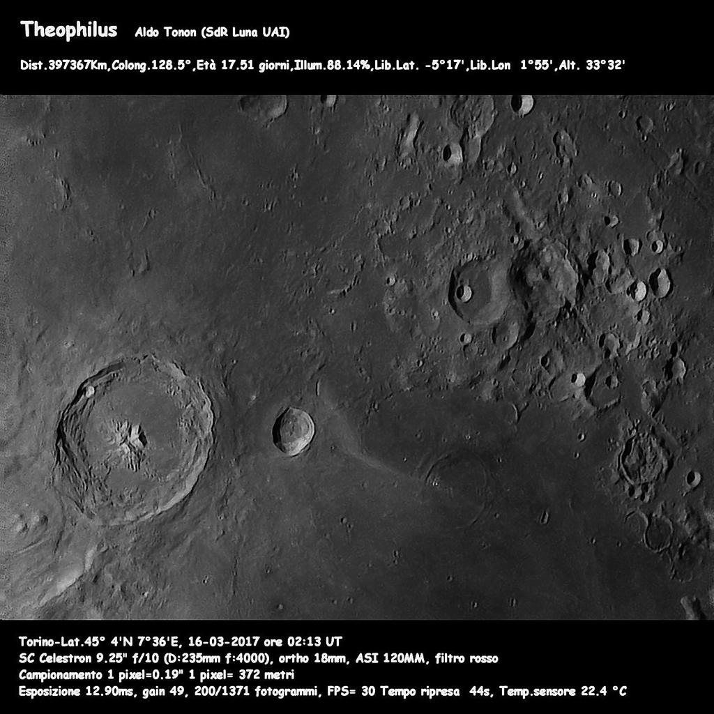 Le foto della Sezione di Ricerca Luna - UAI..il cratere Theophilus e la Rima Capella. Ripresa del 16 marzo 2017 alle 02:13 T.U. tramite un telescopio SC 9.