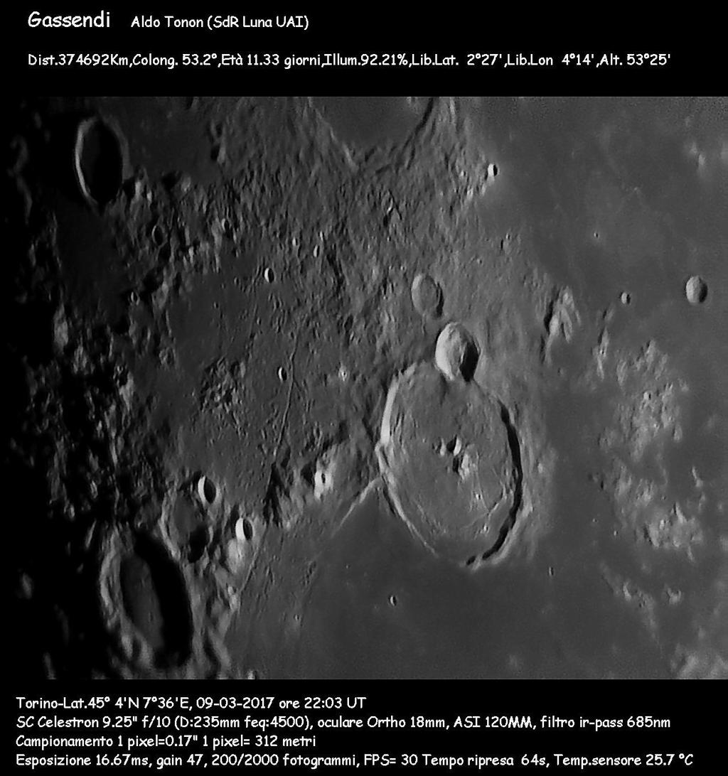 Le foto della Sezione di Ricerca Luna - UAI..il cratere Gassendi, il 9 marzo 2017 alle 22:03 T.U. Telescopio SC da 9.