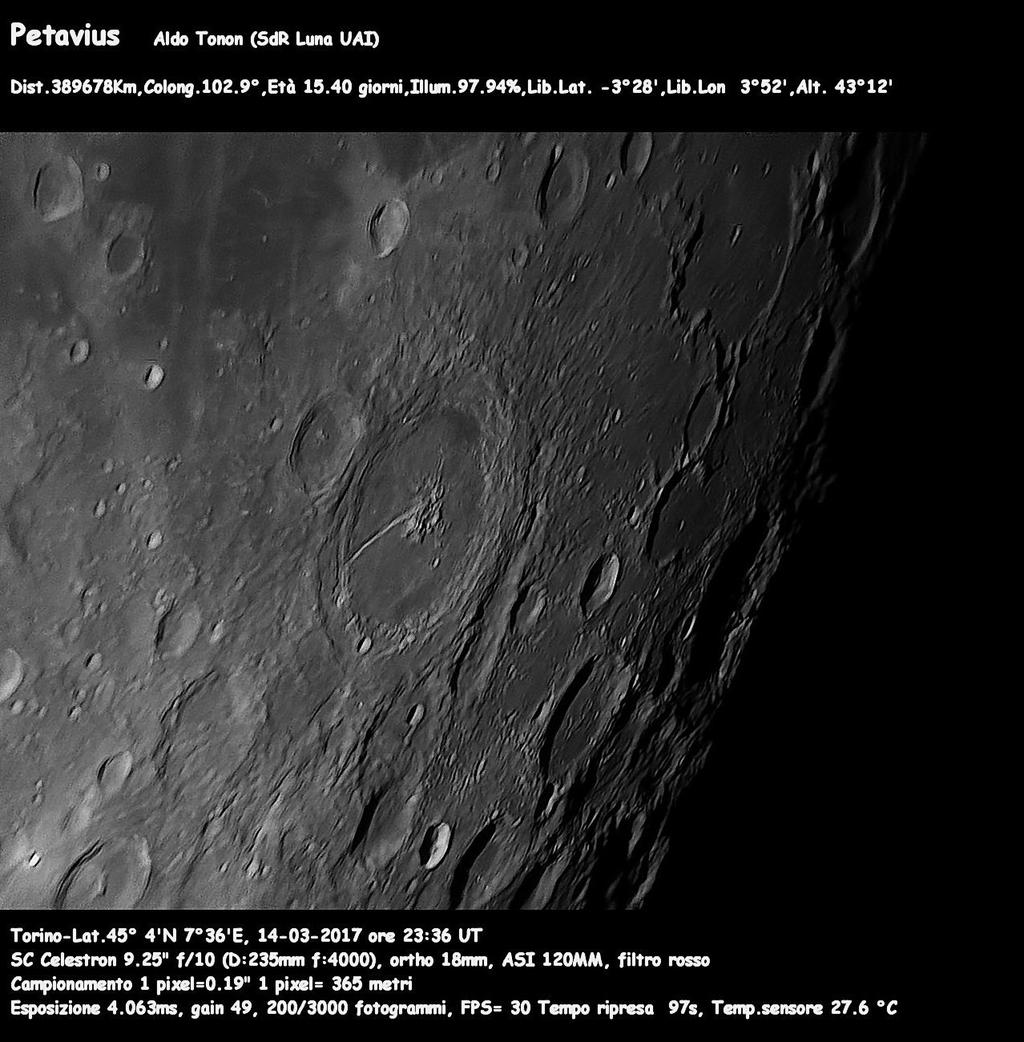 Le foto della Sezione di Ricerca Luna - UAI..il cratere Petavius. Ripresa del 14 marzo alle 23:36 T.U. Telescopio SC 9.