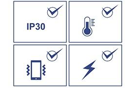 Design industriale rinforzato Equipaggiato con un robusto involucro di grado IP30 e progettato per resistere ad un alto grado di vibrazioni ed urti, protetto contro ESD / EMI /