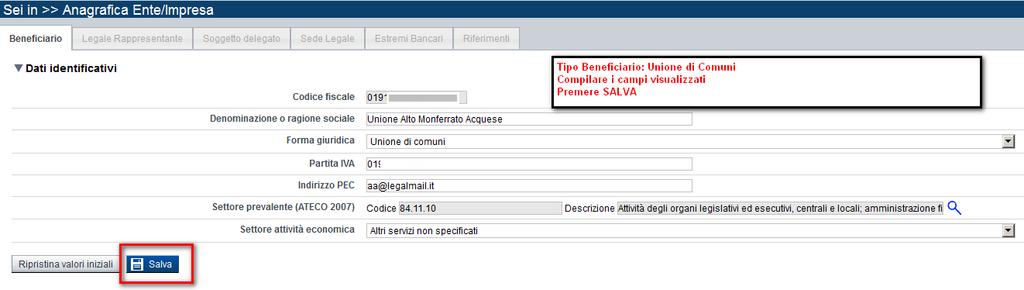 Anagrafica Ente/Impresa 1- Beneficiario - Tipo