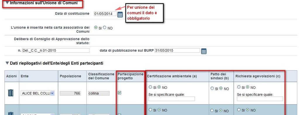 Dati Ente/Impresa 1- Esempi di caricamento Enti partecipanti su Tipo beneficiario Unione di