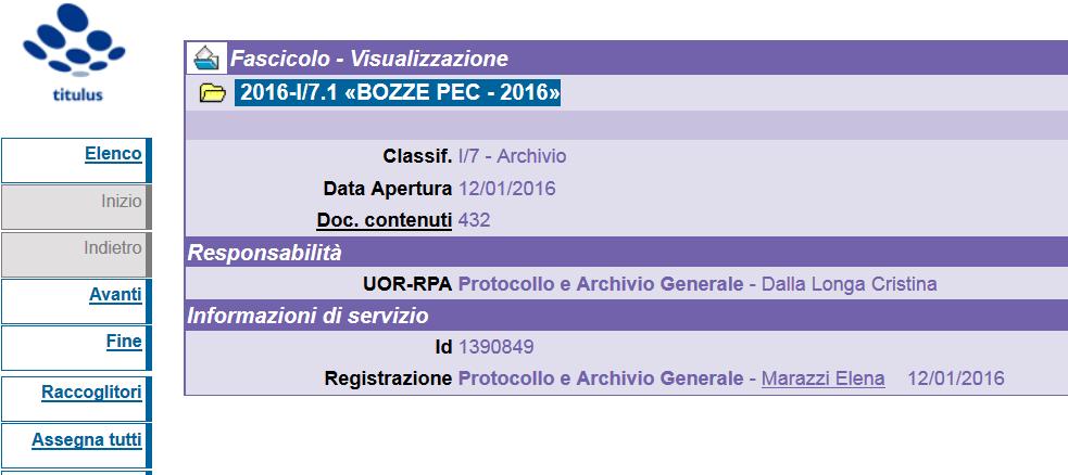 Figura 14: l'area visualizza il fascicolo prescelto e propone le azioni possibili sullo