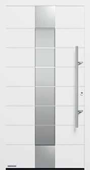 0,9 W/ (m² K)* Motivo 659 Maniglia in acciaio inox 38-2, decorazione in acciaio inox, vetro decorativo Parsol grigio opaco monostrato con 7 strisce trasparenti, triplo vetro termico, valore U D fino