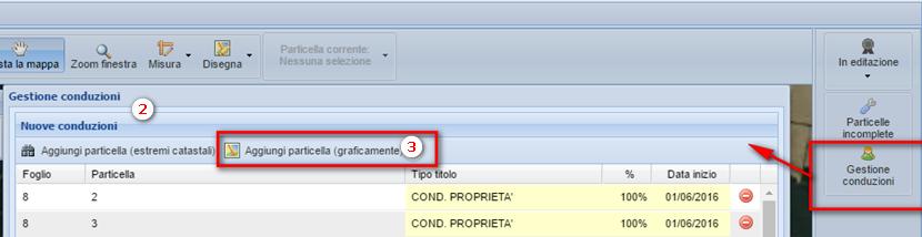 1.8. Gestione Conduzioni: nuove conduzioni aggiungi particella graficamente 1) Nella sezione Mappa, cliccare il bottone GESTIONE CONDUZIONI.