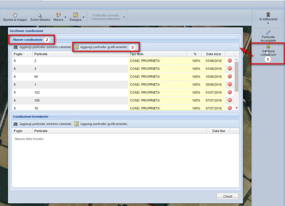 1.8.3. Opzione Disegna Particella 1) Nella sezione Mappa, cliccare il bottone GESTIONE CONDUZIONI.