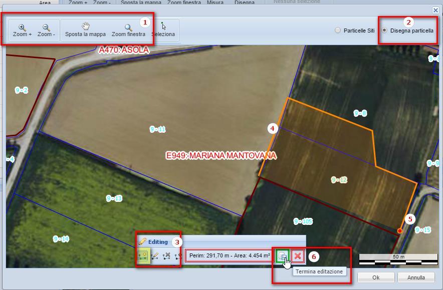 1.8.3.1. Disegnare su mappa con i comandi di editing 1) Posizionarsi con gli strumenti di zoom sull area da disegnare. 2) Cliccare sull opzione Disegna particella.