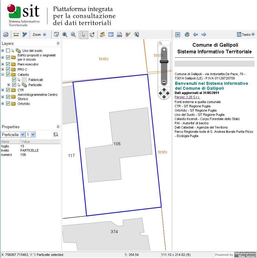 La zona selezionata con il blu indica la particella nel Catasto Terreni mentre la zona al suo