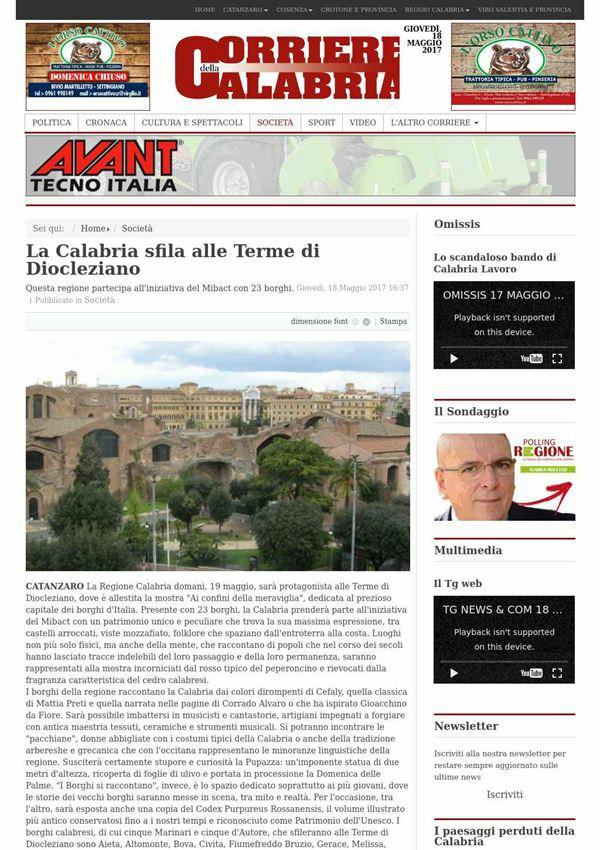 Corriere Della Calabria La Calabria sfila alle Terme di Diocleziano Questa regione partecipa all' iniziativa del Mibact con 23 borghi.
